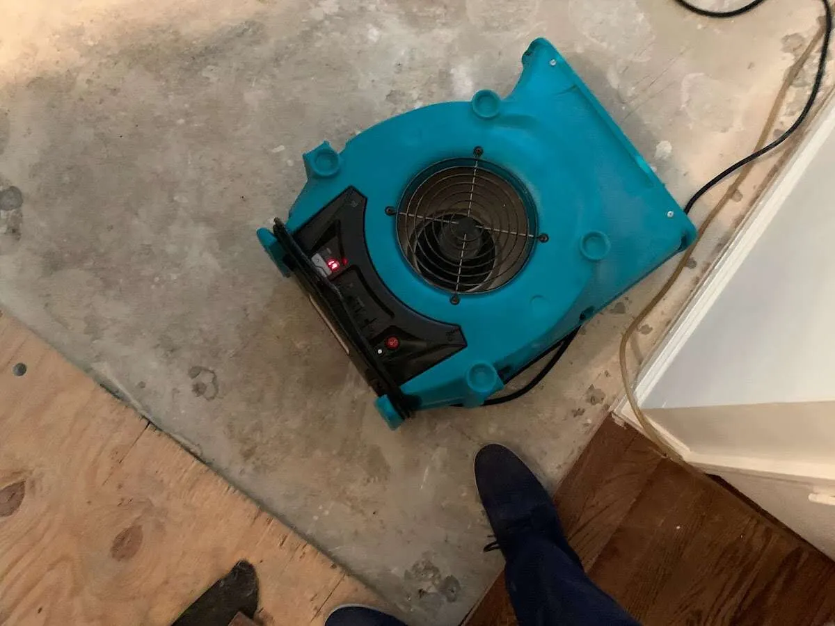 Air mover drying subfloor during Leak Detection & Repair in Whitestown